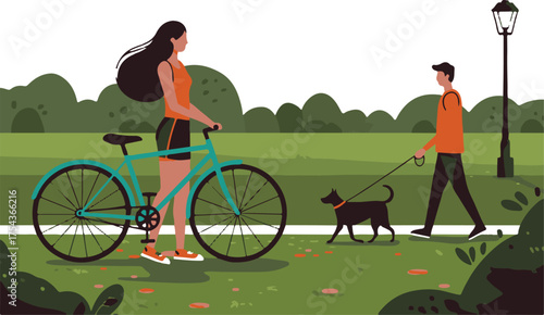 Couple in park with bicycle and dog, green trees and distant hills