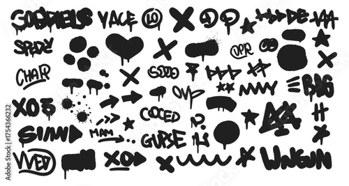 Collection of black graffiti tags and symbols on white background urban art style elements