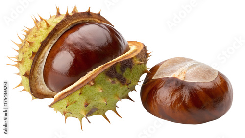 Single glossy brown chestnut with natural shine, isolated on transparent background, high-detail reflection and smooth surface.