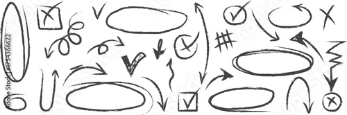 Collection of hand drawn sketchy arrows circles checkmarks and symbols for design black color elements white background