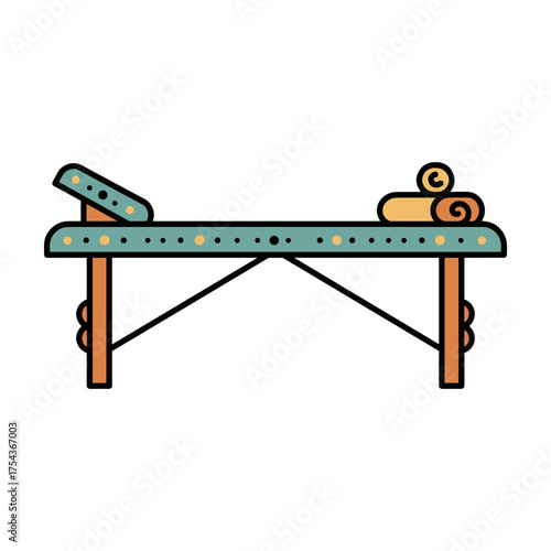 Vintage massage table flat illustration in turquoise and brown with rolled towels representing spa relaxation and wellness therapy