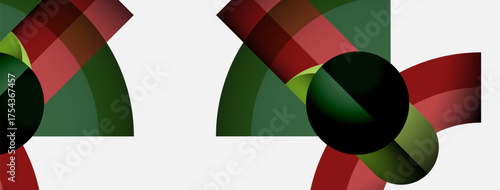 Abstract composition features overlapping circles, segments. Red, green hues dominate white background. Modern design, geometric shapes present.