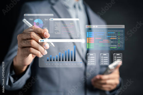 Portfolio management with digital charts, graphs, and analytics dashboard, financial data, investment planning, risk assessment, project tracking, and business performance optimization.
