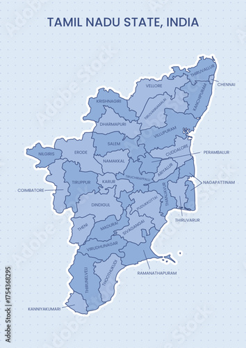 Tamil Nadu India map vector illustration showing state boundary outline and shape, suitable for education, tourism, culture, political maps, travel posters, infographics, and geographic design use.