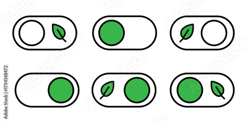 Eco-Friendly Toggle Switch Vector Set Green Technology Environment Control Alternative Power Options Renewable Energy Solutions Ecological Turn On Off Button