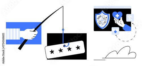 Phishing attempt with hooked password, secure online shield, and tools for privacy. Ideal for data protection, security risks, cyber awareness, hacking prevention, fraud, phishing scams safe online