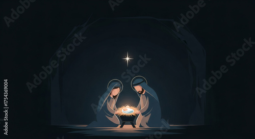 Nativity scene with Mary and Joseph gazing at baby Jesus in manger, surrounded by soft light and starry night ambiance. Heartwarming nativity scene for festive celebrations, evoking love and family.