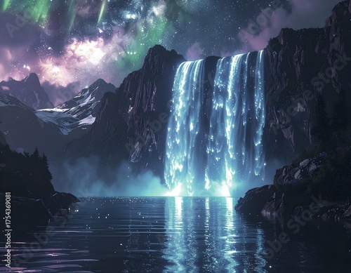 A massive waterfall made of starlight cascading into a glowing lake, surrounded by mountains and aurora, surreal dreamlike concept, magical realism