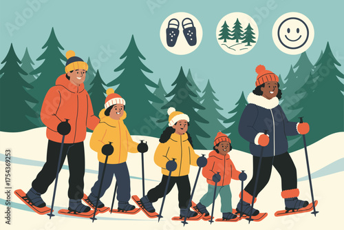 Snowshoe Forest Adventure Vector Banner – Family Snowshoeing Through Winter Pine Forest with Outdoor Recreation and Winter Sports Icon Set