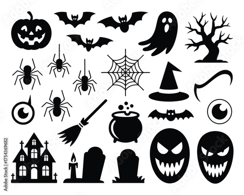 Comprehensive halloween vector graphics collection silhouette elements for spooky themed design projects scalable icon set silhouette vector illustration white background