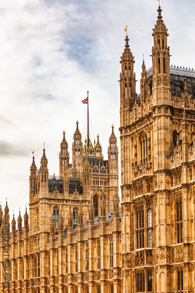 Fototapeta premium Detailed view of ornate Gothic architecture of the Palace of Westminster in London