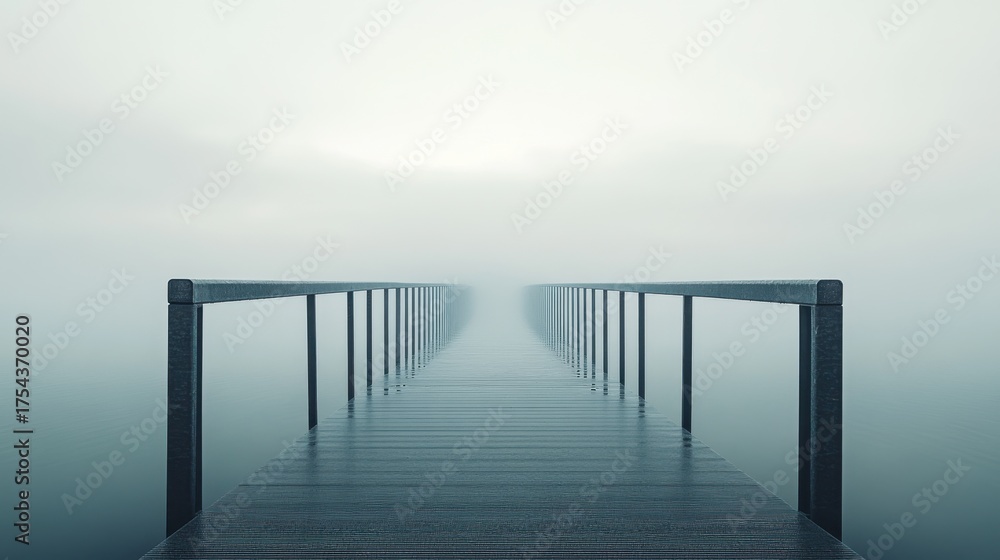 Naklejka premium Misty wooden pier extending into calm water on a foggy morning creating a serene atmosphere