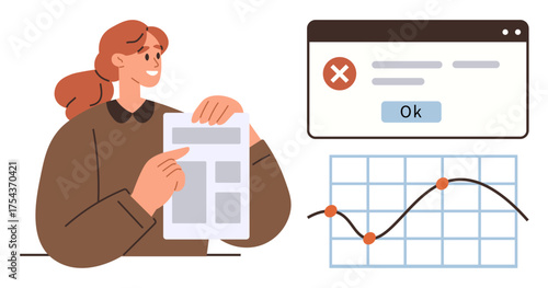 Woman holding paper document, analyzing trends with chart and addressing error pop-up notification. Ideal for teamwork, business strategy, data analysis, problem-solving, productivity, technology