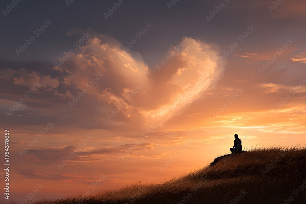 Fototapeta premium Silhouette of man sitting in grass field at sunset with heart shaped cloud in the sky, romantic peaceful landscape and hope concept