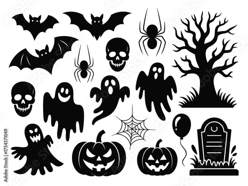Scary halloween vector graphics collection icons bats spiders ghosts pumpkins skulls tree tombstone silhouette vector illustration white background