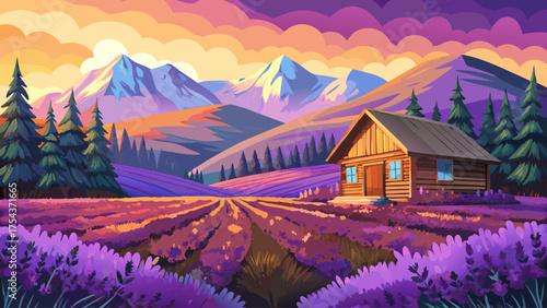 a wooden cabin surrounded by lavender flowers, purple fields stretching to horizon, golden evening sunlight, and distant mountains under warm summer sky.