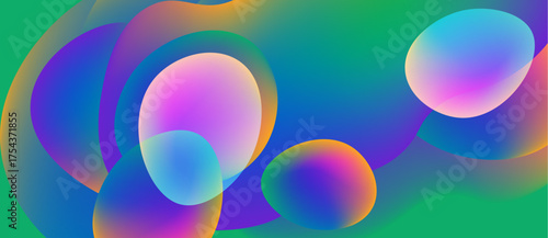 Abstract colorful bubbles overlap, creating vibrant gradients. Teal background complements magenta, blue hues. Smooth transitions define shapes.