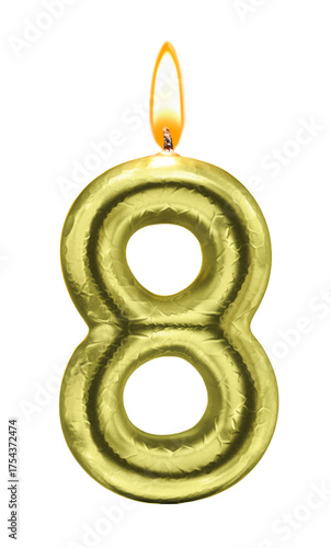 Metallic Golden Number eight Candle with Flame