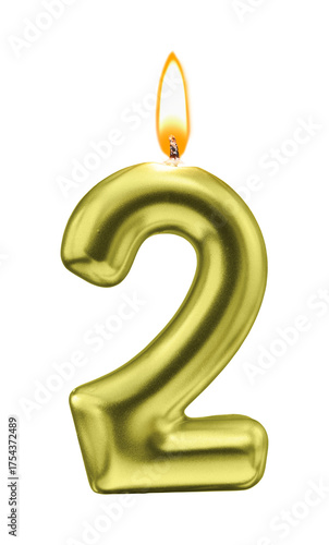 Metallic Golden Number Two Candle with Flame
