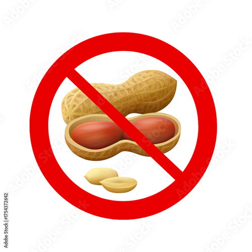 Prohibition sign with picture of peanuts under prohibition symbol in red circle isolated on transparent background. Peanut prohibition sign. No peanuts icon.