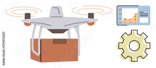 quadcopter carries a package, linked with analytics interface and gear icon. Ideal for technology, delivery, logistics, automation, innovation, efficiency and modern business solutions. A simple