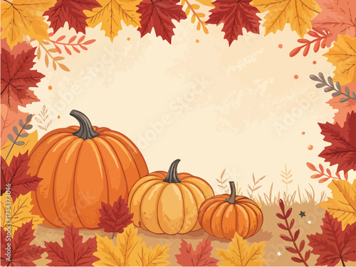 Thanksgiving background with pumpkins and autumn leaves border, wide empty space in center for text