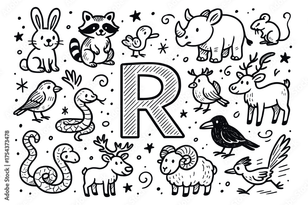 Fototapeta premium Illustrated animals and letter r: rabbit, racoon, rhino, reptiles, birds