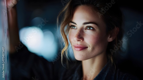 Wallpaper Mural A thoughtful businesswoman gazes at a glowing digital display showing focus and optimism in a modern setting Torontodigital.ca