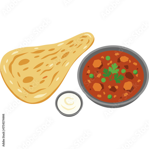 Spicy Minced Meat Curry with Naan Bread Vector Icon, Traditional Indian Food