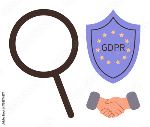 Magnifying glass, handshake, and GDPR shield symbolize privacy, data security, regulation, and trust. Ideal for compliance, partnership responsibility protection law transparency. Simple flat