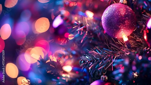 A beautiful green Christmas tree decorated with pink and purple lights, sparkling and shiny, in a video format with gentle motion and glowing effects.