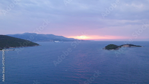 Ksamil Albania Sunset with Cruise Ship in Distance