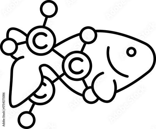  Marine Collagen Molecule Icon With Fish. Line Illustration.