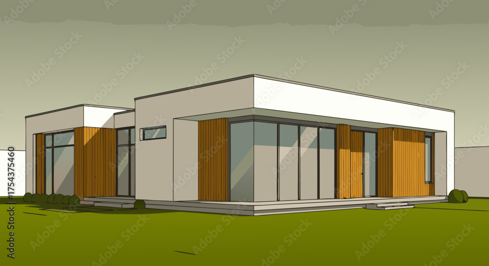 Obraz premium Modern Flat Roof House Design with Wood Accents