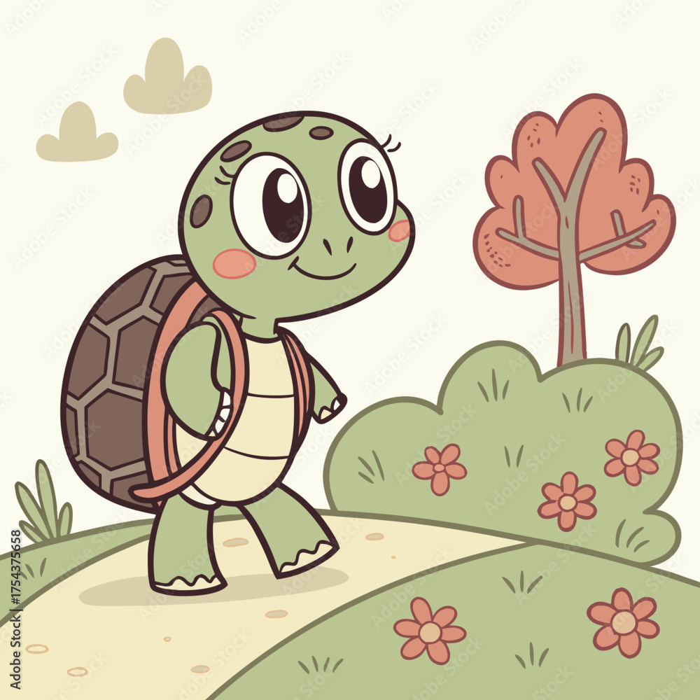 Obraz premium A cute cartoon turtle is walking on a path in a park with flowers