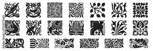 A set of square and rectangular decorative elements. Floral, abstract, and animal elements...