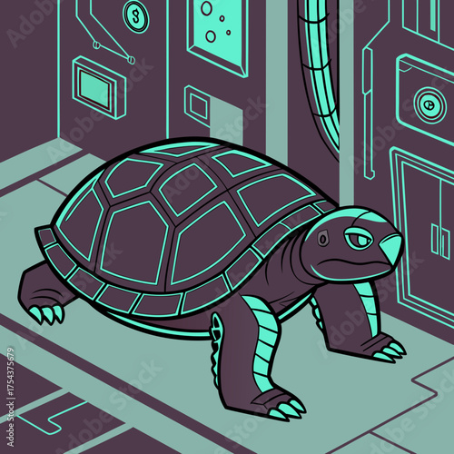 A futuristic turtle stands in a spaceship corridor with a stoic expression