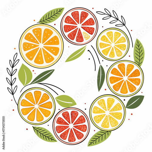 Colorful citrus fruit slices arranged in a wreath