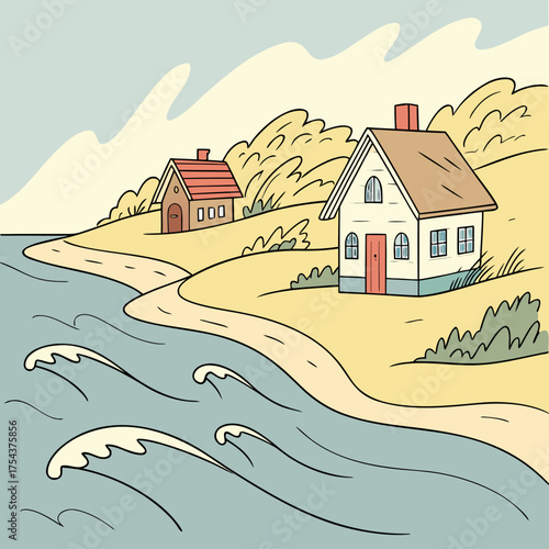 Coastal houses nestled on a hill overlooking the sea, creating a scenic view