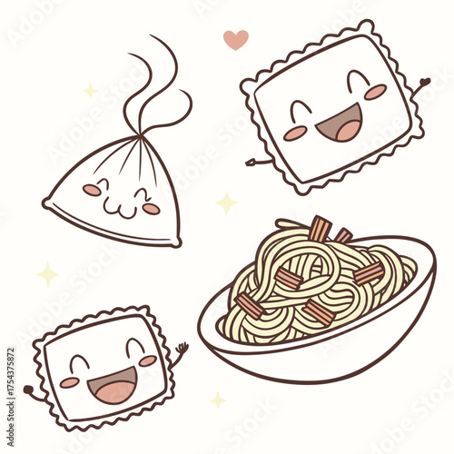 Cute cartoon illustration of pasta, ravioli, and soup