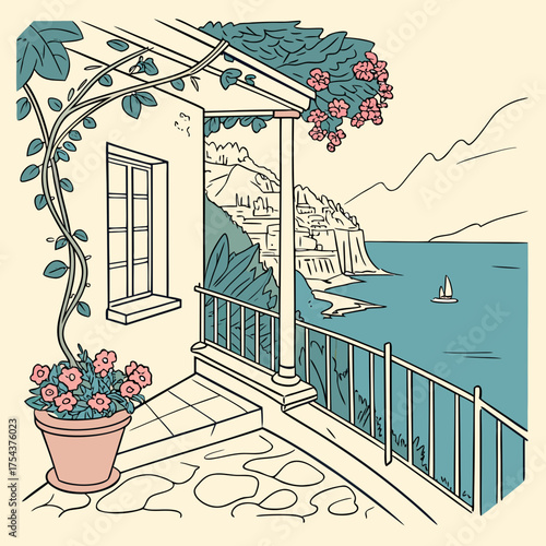 Illustration of coastal architecture with sea view and floral decoration