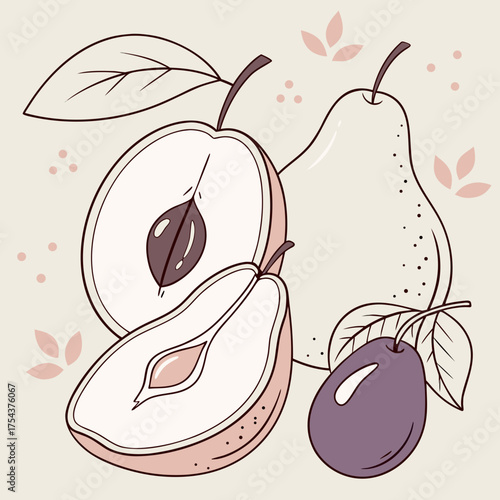Illustration of plums and pears with leaves on a beige background