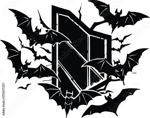 Bats Flying Through Broken Window Silhouette | Flying Bats Escaping Haunted House Window Art