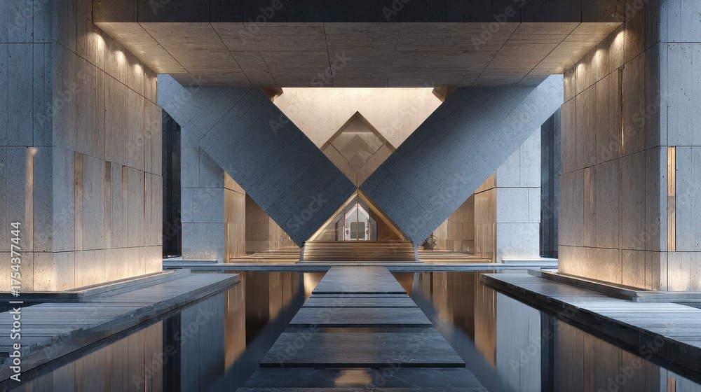 Fototapeta premium Grand Geometric Architectural Entrance with Reflecting Pool and Concrete Walls