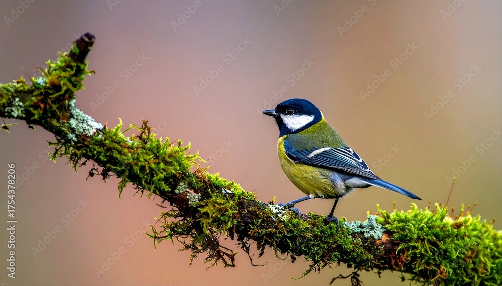 Naklejka premium A striking great tit perched on a moss-covered branch, showcasing its vibrant plumage against a soft, blurred background
