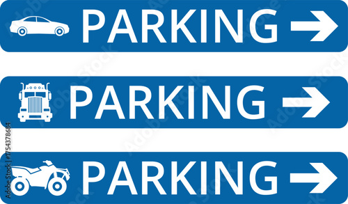 Blue square parking sign with white letter P. Car parking icon, car parking area sign. Car, bus, trolleybus, truck, bike, motorbike, scooter parking icon, linear sign isolated Vector or PNG