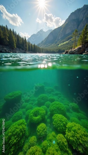 Sunlit Underwater Algae Bloom in Pristine Lake Vibrant Green Ecosystem