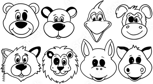 Animal heads cartoon illustration wildlife characters black and white