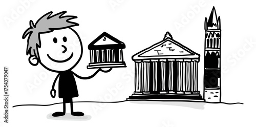 Illustration of a cartoon person holding buildings architecture concept