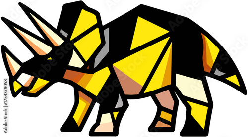 Geometric illustration of a triceratops dinosaur on black background
